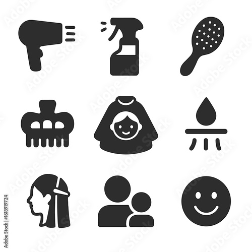 Kids' Haircare Icons. Solid, filled icons set of kids' blow dry routine: gentle dryer, detangling spray, soft
