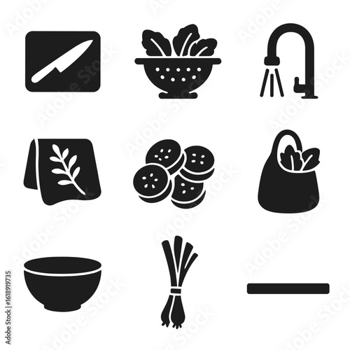 Kitchen Produce Icons. Solid, filled icons set of arranging produce on kitchen counter: cutting mat, colander