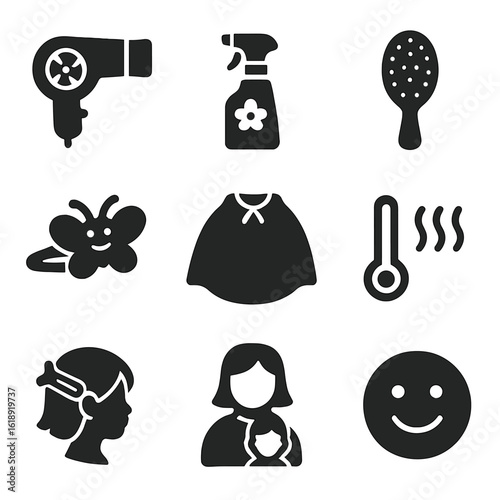 Kids' Haircare Icons. Solid, filled icons set of kids' blow dry routine: gentle dryer, detangling spray, soft