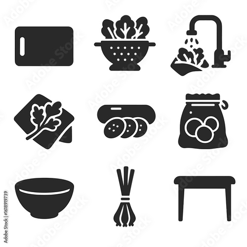 Kitchen Produce Icons. Solid, filled icons set of arranging produce on kitchen counter: cutting mat, colander