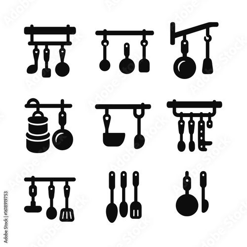 Kitchen Rack Icon Set. Solid, filled icons set of hanging pot rack in small kitchens: compact rack frame,
