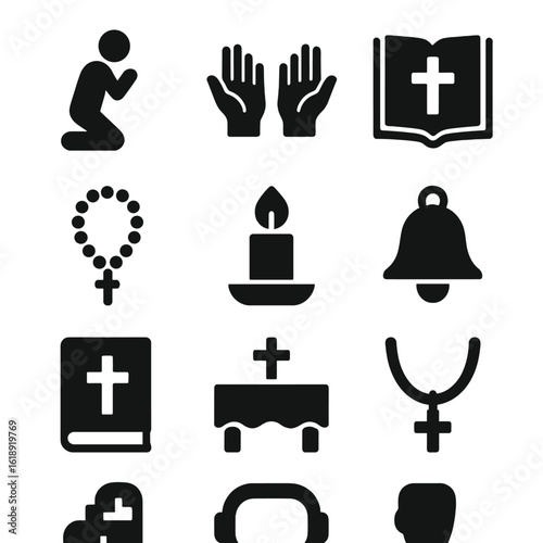 Diverse Solid Icon Sets. Solid, filled icon set of prayer and worship: kneeling figure, open hands, prayer book, rosary beads,