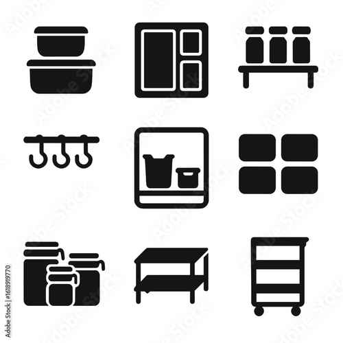 Kitchen Storage Icons. Solid, filled icons set of kitchen storage hacks: stackable containers, drawer dividers
