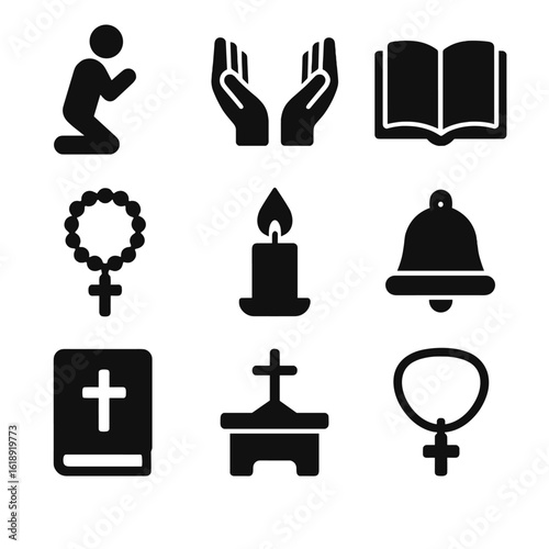 Diverse Solid Icon Sets. Solid, filled icon set of prayer and worship: kneeling figure, open hands, prayer book, rosary beads,