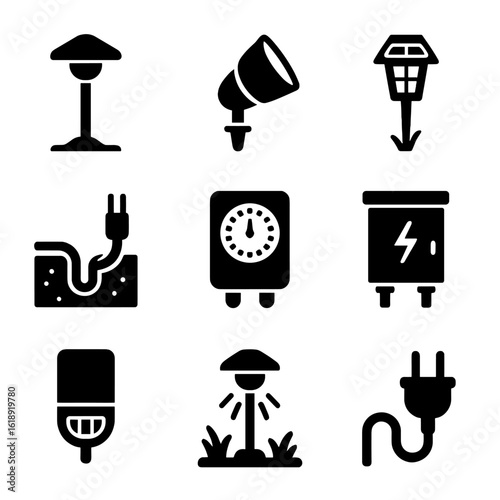 Landscape Lighting Icons. Solid, filled icons set of installing landscape lighting: pathway lights, spotlight