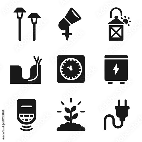 Landscape Lighting Icons. Solid, filled icons set of installing landscape lighting: pathway lights, spotlight