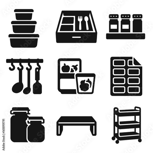 Kitchen Storage Icons. Solid, filled icons set of kitchen storage hacks: stackable containers, drawer dividers