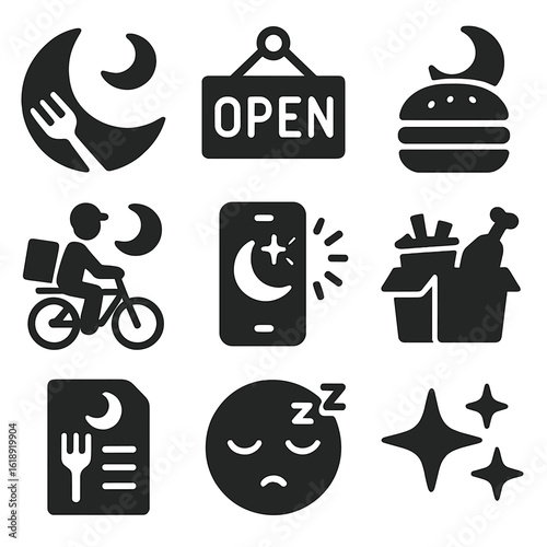 Late-Night Delivery Icons. Solid, filled icons set of late-night food delivery: moon with meal, open 24h sign,