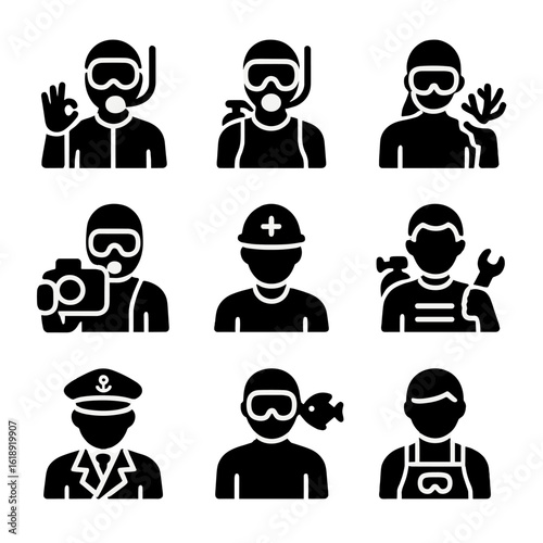 Diving Professions Icons. Solid, filled icon set of diving professions: dive instructor, dive master, marine biologist, underwater