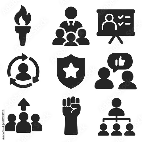 Leadership Icon Set. Solid, filled icons set of leadership and role-building games: leadership torch, delegate