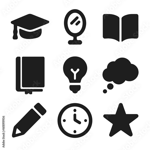 Learning Icons Grid. Solid, filled icons set of learning and reflection: graduation cap, mirror, open book,
