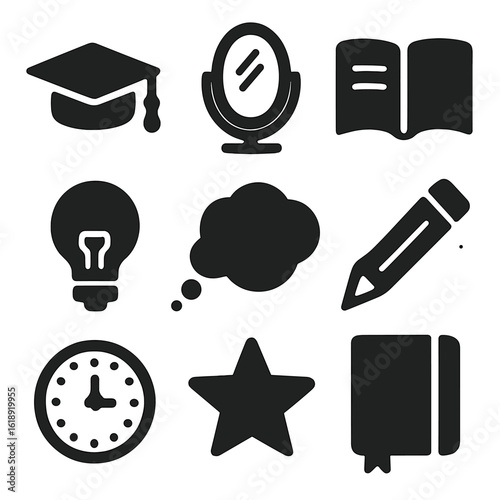 Learning Icons Grid. Solid, filled icons set of learning and reflection: graduation cap, mirror, open book,
