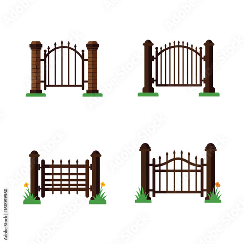 Four different designs of decorative metal gates with brick or wood pillars