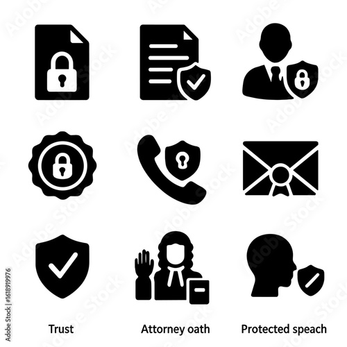 Legal Ethics Icons. Solid, filled icons set of legal ethics and confidentiality: locked file, nondisclosure