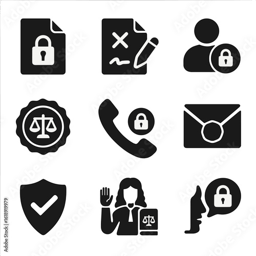 Legal Ethics Icons. Solid, filled icons set of legal ethics and confidentiality: locked file, nondisclosure