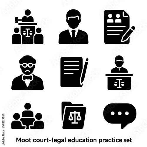 Legal Education Icons. Solid, filled icons set of moot court and legal education practice: mock trial icon,