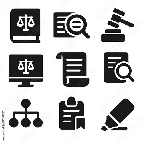 Legal Icons Grid. Solid, filled icons set of legal research and strategy building: research book, magnifying
