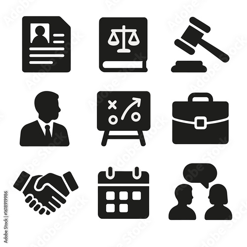 Legal Icons Grid. Solid, filled icons set of legal professionals discussing case strategies: courtroom