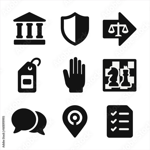 Legal Icons Grid. Solid, filled icons set of litigation planning and legal tactics: courtroom icon, defense