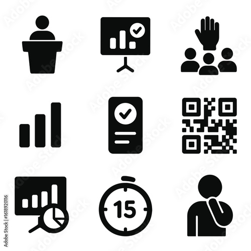 Live Poll Icons. Solid, filled icons set of live audience poll engagement: speaker podium, poll screen,