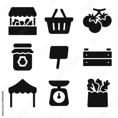 Local Food Market Icons. Solid, filled icons set of local food markets: produce stand, shopping basket, tomato