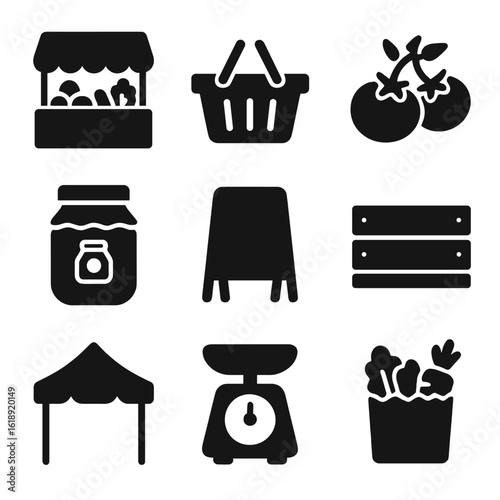 Local Market Icons. Solid, filled icons set of local food markets: produce stand, shopping basket, tomato