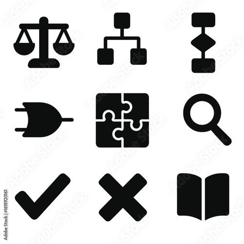 Logical Reasoning Icons. Solid, filled icons set of logical reasoning: scales, decision tree, flow diagram,
