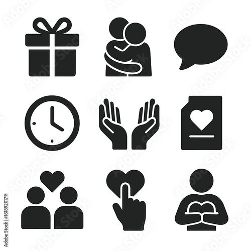 Love Language Icons. Solid, filled icons set of love languages and expression: gift box, warm hug, spoken word