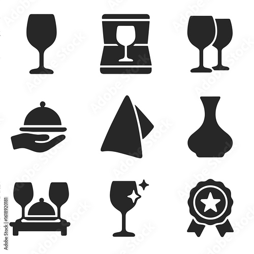 Luxury Dining Icons. Solid, filled icons set of luxury and fine dining stemware: premium glass icon,