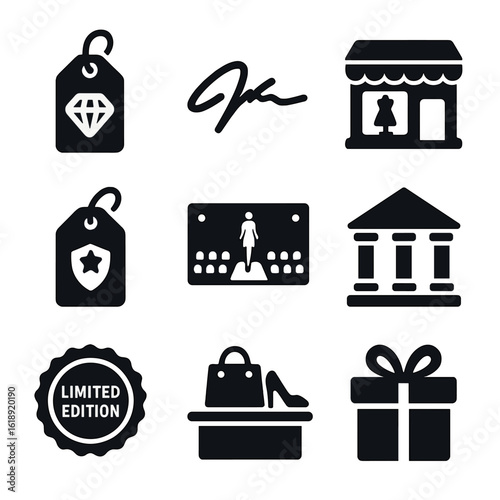 Luxury Fashion Icons. Solid, filled icons set of luxury fashion brands and labels: designer tag, signature