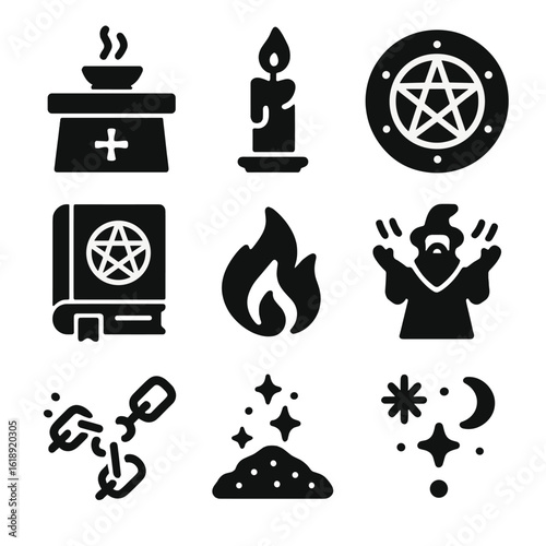 Magical Ritual Icons. Solid, filled icons set of ancient magical rituals: ritual altar, magic candle,
