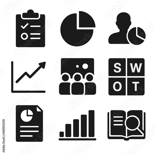 Market Research Icons. Solid, filled icons set of market research meetings: survey sheet, pie graph,