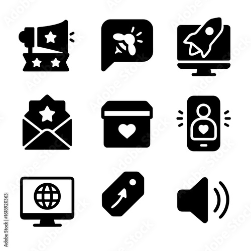 Marketing Icon Set. Solid, filled icons set of brand launch and marketing rollouts: campaign banner, social