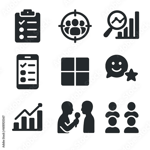 Market Research Icons. Solid, filled icons set of market research and validation: survey form, target group,