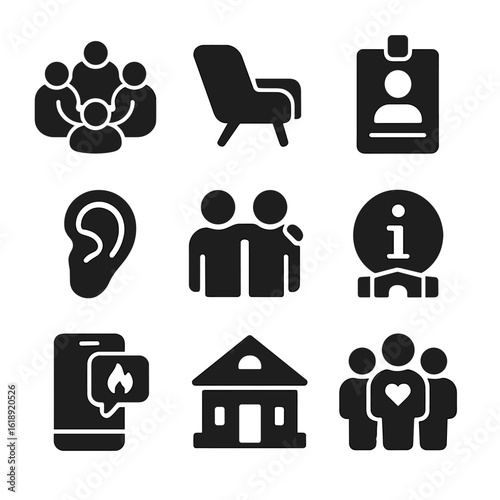Mental Health Icons. Solid, filled icons set of mental health support systems: support group circle, therapist