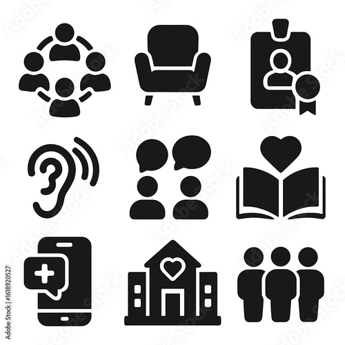 Mental Health Icons. Solid, filled icons set of mental health support systems: support group circle, therapist