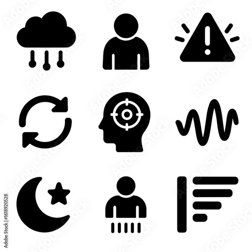 Mental Health Icons. Solid, filled icons set of common mental health conditions: anxiety cloud, depression