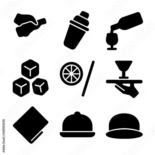 Drink Icons Grid. Solid, filled icon set of pouring and serving drinks: hand pouring, cocktail shaker, wine pouring, ice cubes,