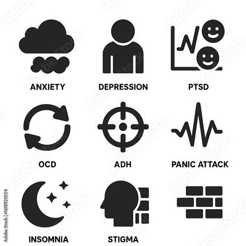 Mental Health Icons. Solid, filled icons set of common mental health conditions: anxiety cloud, depression