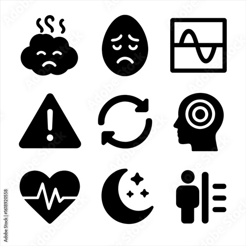 Mental Health Icons. Solid, filled icons set of common mental health conditions: anxiety cloud, depression