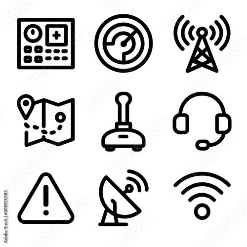 Drone Command Icons. Solid, filled icon set of drone command center: control panel, radar screen, communication tower, flight path