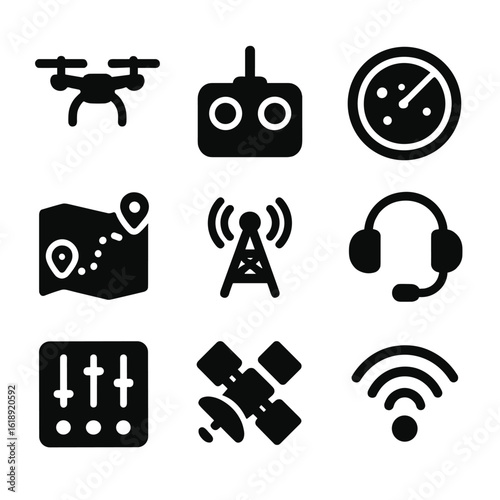 Drone Control Icons. Solid, filled icon set of drone traffic controller: drone, remote controller, radar screen, flight path map,