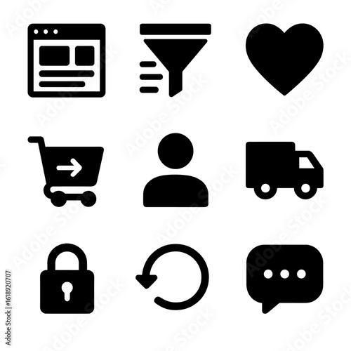 E-commerce Icon Set. Solid, filled icon set of e-commerce website features: homepage layout, product filter, wishlist icon,