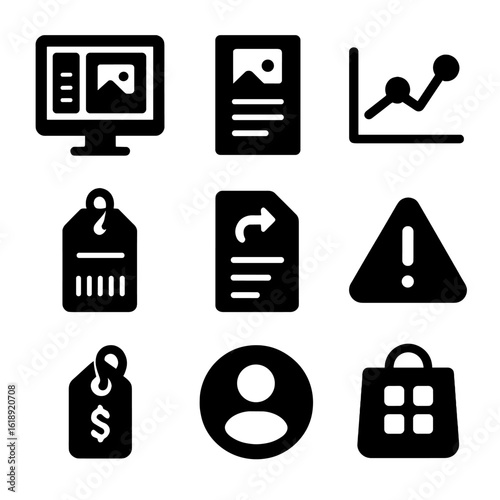 E-Commerce Icon Grid. Solid, filled icons set of online store management: dashboard screen, product listing,