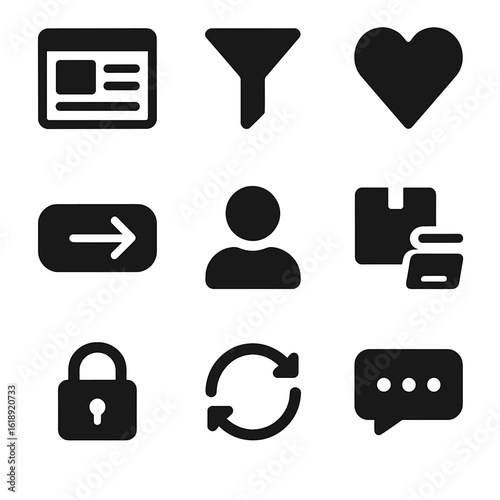 E-commerce Icon Set. Solid, filled icon set of e-commerce website features: homepage layout, product filter, wishlist icon,