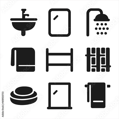 Minimalist Bathroom Icons. Solid, filled icons set of minimalist bathroom essentials: wall-mounted sink,