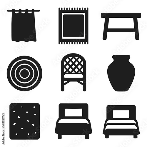 Minimal Natural Material Icons. Solid, filled icons set of natural materials in minimal homes: linen curtain,