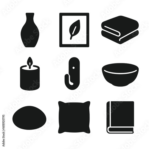 Minimalist Home Icon Set. Solid, filled icons set of minimalist home accents: single vase, framed print,