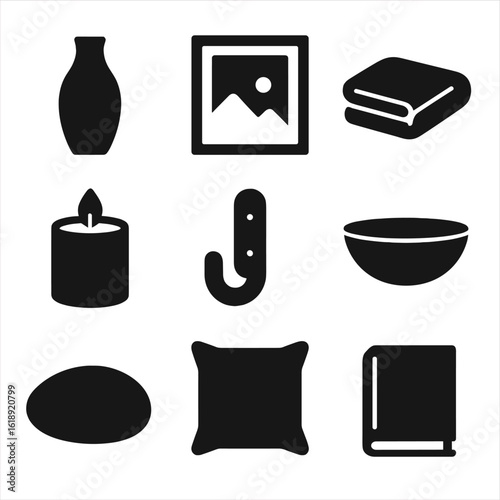 Minimalist Home Icon Set. Solid, filled icons set of minimalist home accents: single vase, framed print,