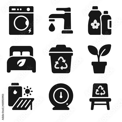 Eco Home Essentials Icons. Solid, filled icons set of eco home essentials: energy-efficient appliances,
